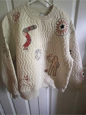 Zara Cream Quilted Sweatshirt with boho  Embroidered Motifs